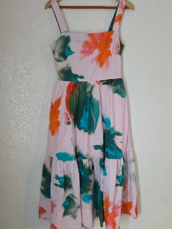 Tanya Taylor Pink Maxi Dress with Green & Orange Watercolor Print - Picture 4 of 8